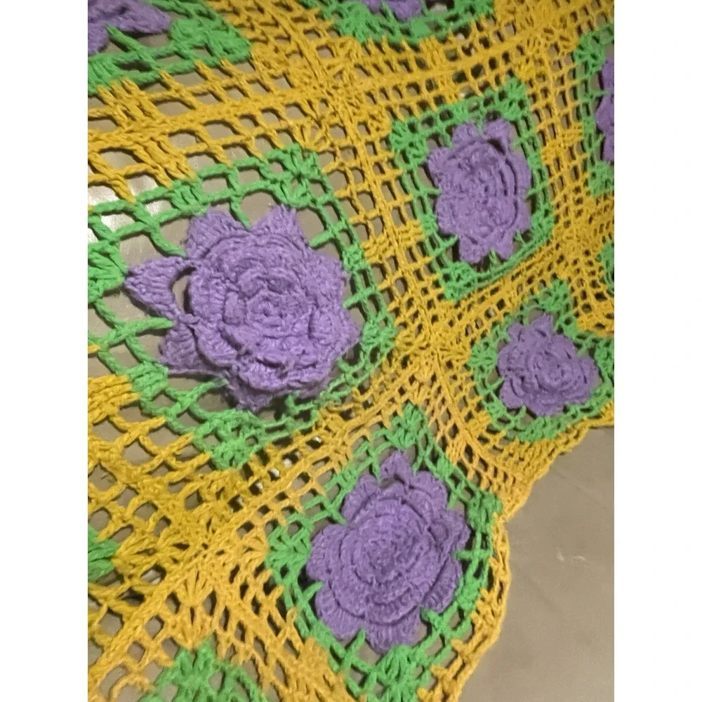 Handmade Crochet Knit Sofa Throw Granny Blanket 3D Afghan Roses Floral Cottage